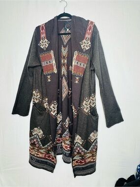BIYA Johnny Was Women Hooded Long  Duster Cardigan Sz L Embroidered Southwestern